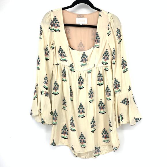 Stone Cold Fox Hamlet Dress Womens Size XS/S Ivory Fleur Print Bell Sleeve Silk - Picture 1 of 7